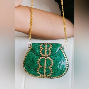 Ramla Porte-moi Green Gold Mosaic Tile Bag Clutch with Removable Gold Chain